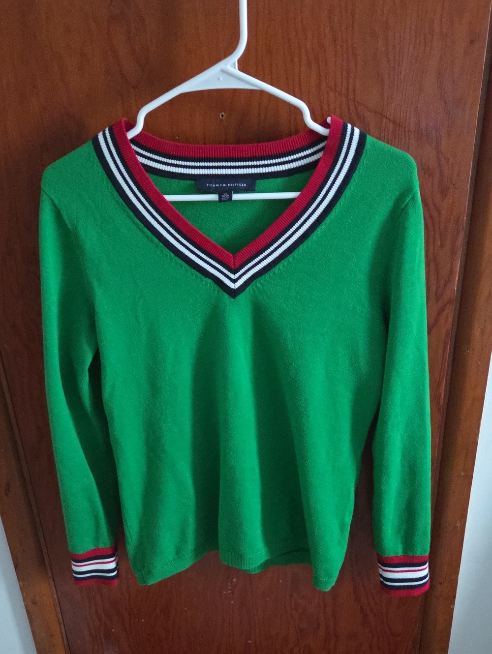 Tommy Hilfiger Green V-Neck Sweater with Red, Black & White Stripe Trim